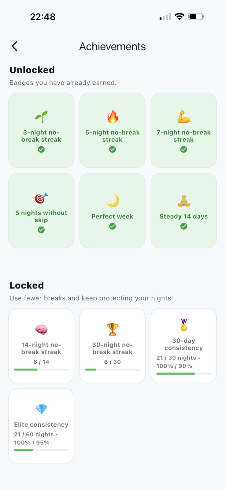 NyToSleep achievements screen showing earned milestones and progress toward future goals